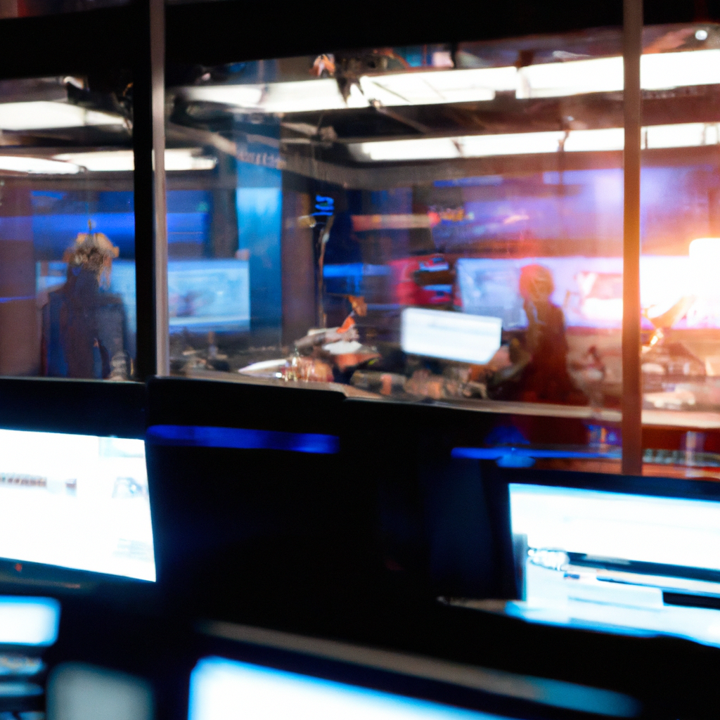 AI-generated photo of a modern Canadian newsroom with reporters collaborating, glass panels, computer screens, and soft evening lighting
