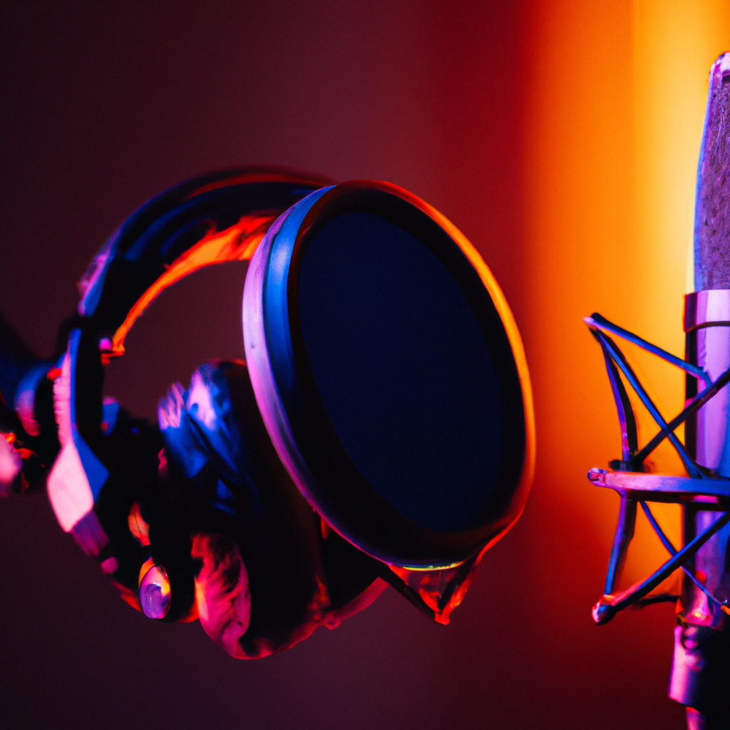 AI-generated art: Podcasting studio with microphone, headphones, and waveform